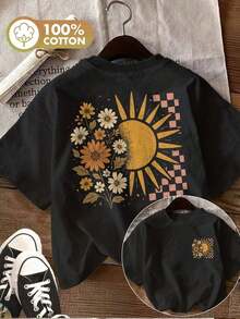 Para chicas adolescentes/mujeres [Impresión a doble cara] Ropa de primavera/verano para mujer en estilo vintage con estampado de sol, flores, hojas, cuadros y pétalos. Camiseta de algodón puro, moderna, casual, de corte regular, manga corta y cuello redondo para mujer 2026 - Impresión de alta calidad, transpirable y cómoda. - Negro - Ver 1