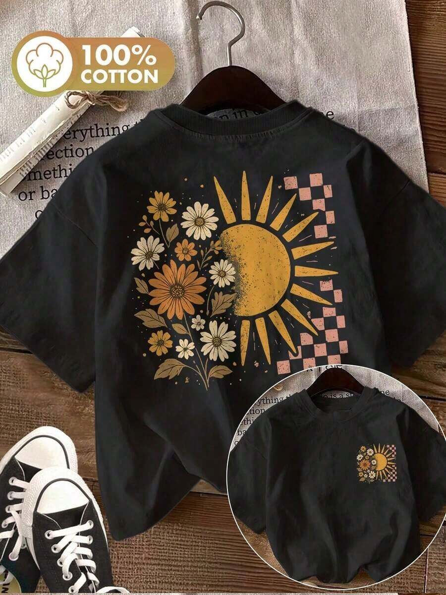 Para chicas adolescentes/mujeres [Impresión a doble cara] Ropa de primavera/verano para mujer en estilo vintage con estampado de sol, flores, hojas, cuadros y pétalos. Camiseta de algodón puro, moderna, casual, de corte regular, manga corta y cuello redondo para mujer 2026 - Impresión de alta calidad, transpirable y cómoda. - Negro - Ver 1