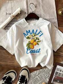 Vintage Lemon Blossom Floral Print Crew Neck Short Sleeve T-Shirt, Amalfi Coast, Italy, Spring Outfit, Cotton T-Shirt, Summer T-Shirt. - White - View 7