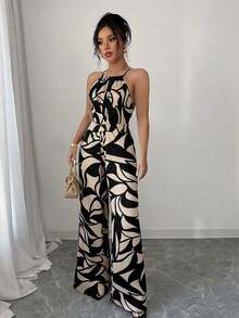 Mono con cintura entallada de tela estampada para mujer, elegante para vacaciones y uso diario con cuello de halter - Multicolor 5 - Ver 4