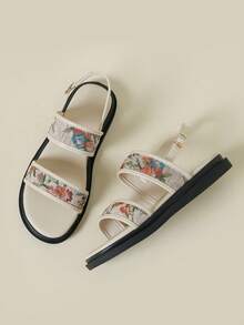Women's Flat Sandals With Buckle Strap, Low Heel Thick Sole, Colorful Ditsy Floral, Bohemian Style, Retro V-Shaped Floral Pattern, Comfortable Summer New Wedge Low Heel Non-Slip Beach Sandals, Fashionable Outdoor Wear, 2026 Spring Autumn Asymmetrical Small Floral Breathable Fresh Elegant Dress Casual Sports Strap Criss-Cross Roman Shoes, Size 33-43 - Apricot - View 7