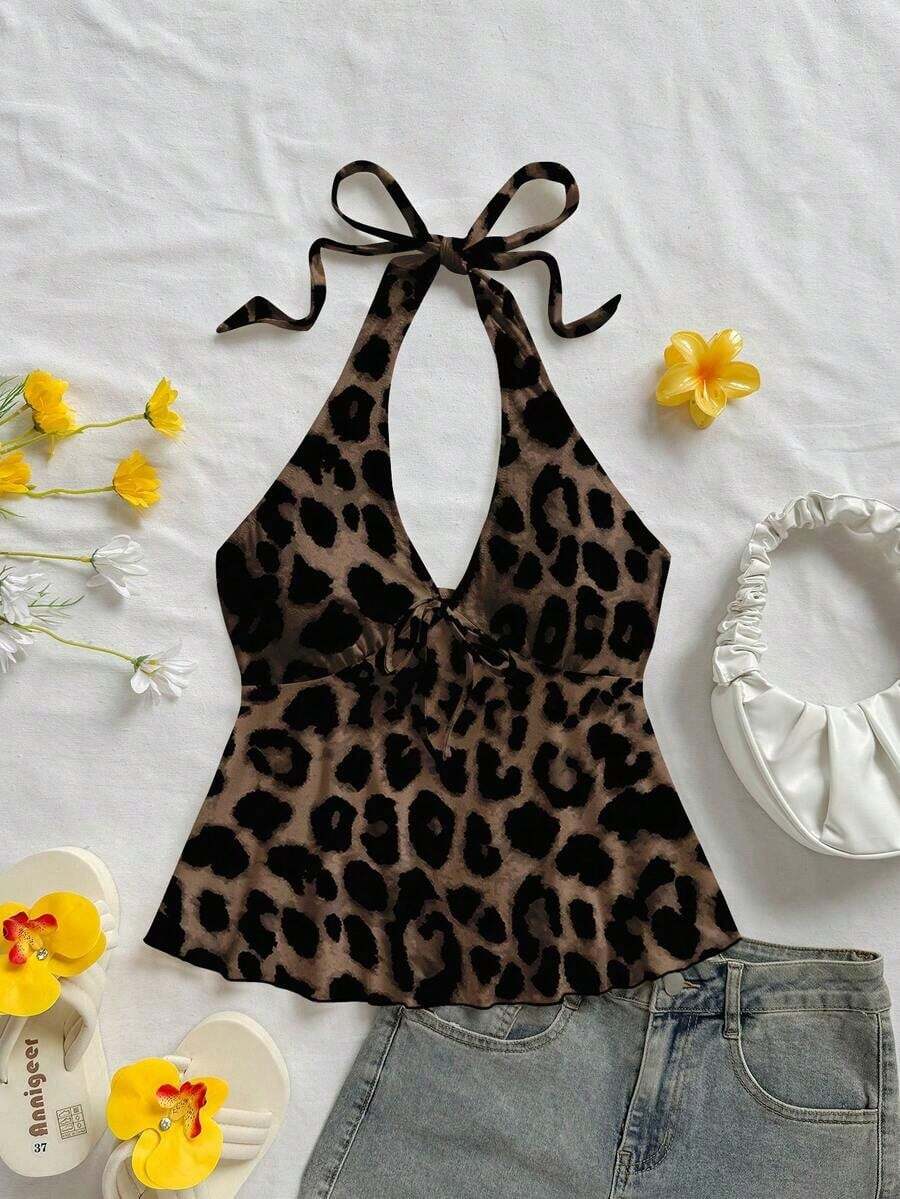 Blusa de mujer casual de vacaciones con estampado floral degradado en rosa, escote en V con lazo, espalda descubierta, apropiada para playa y vacaciones de verano - Multicolor 2 - Ver 1