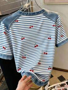 Camiseta casual y de moda para mujer con efecto de parche de mezclilla, estampado a rayas y de cerezas digitales, cuello redondo - Azul 2 - Ver 2