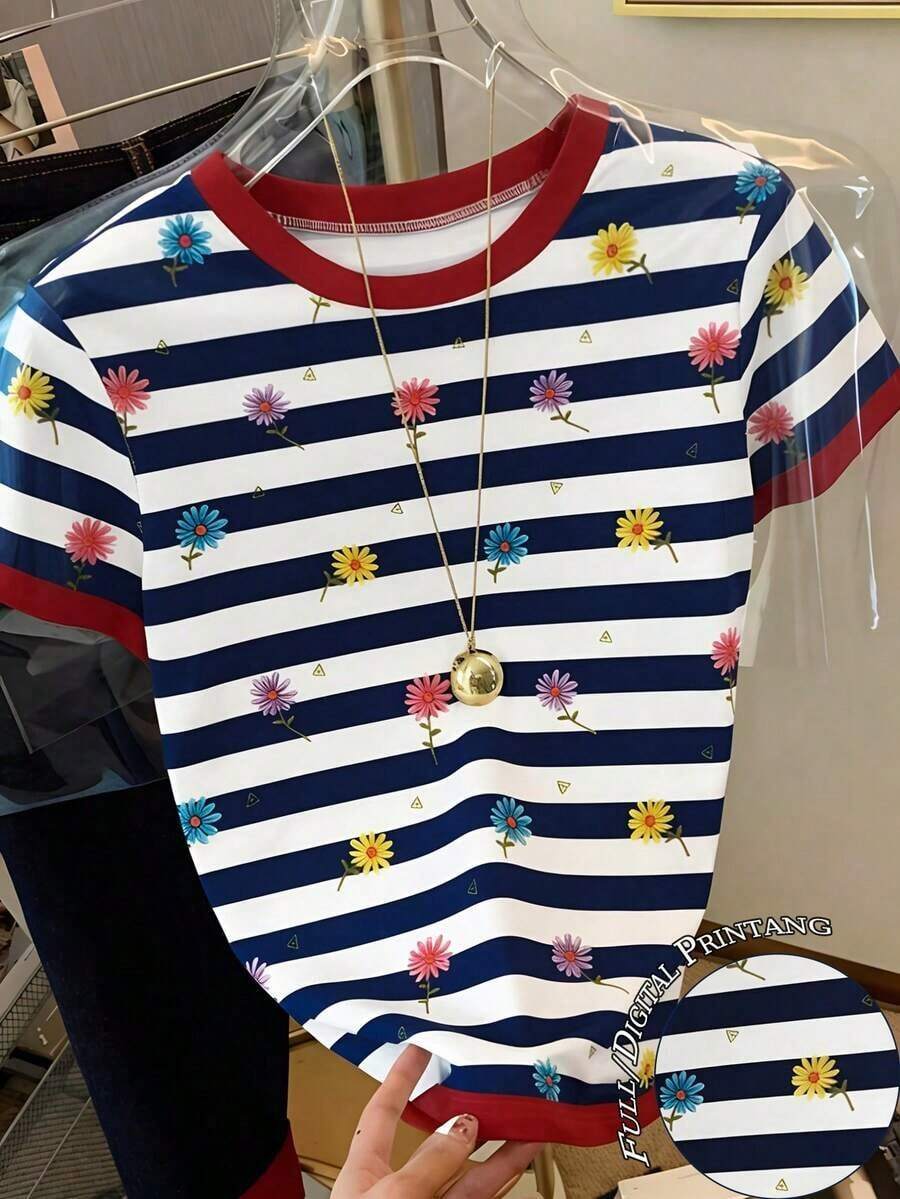 Camiseta de mujer de cuello redondo de manga corta con bloques de color y rayas - Multicolor 10 - Ver 1