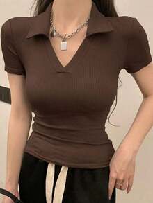 Camiseta polo de manga corta de ajuste ceñido y unicolor para mujer, casual de verano - Marrón - Ver 3
