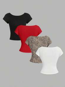 4 piezas Camisetas ajustadas de cuello redondo de unicolor con contraste, con espalda descubierta y calada, adecuadas para primavera/verano, carnaval, de manga corta, básicas, de mujer - Multicolor 4 - Ver 2
