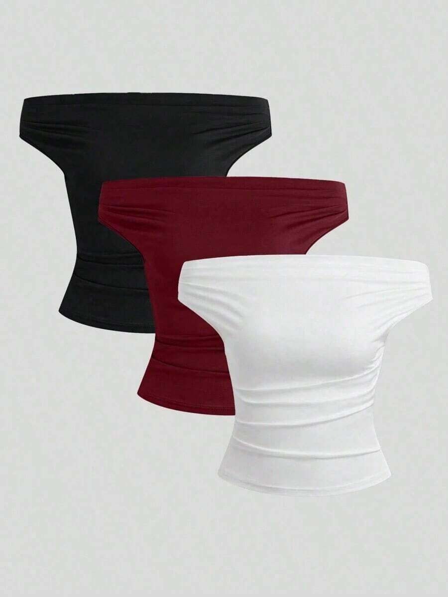Parte superior sencilla de diseño con hombros descubiertos de unicolor, uso casual diario para mujeres - Multicolor 13 - Ver 1