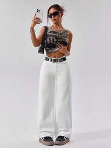 Jeans rectos y sueltos con bolsillos - Blanco - Ver 3