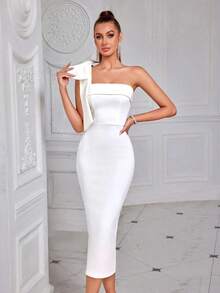 Vestido de cóctel ADYCE de un hombro, unicolor, con lazo decorativo, escote strapless, abertura en la espalda y hasta la rodilla, blanco, elegante y semiformal para bodas, cumpleaños, graduación, cena o eventos - Blanco - Ver 3