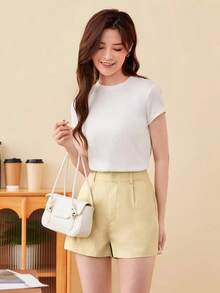 Shorts diarios tejidos de unicolor para mujer, sencillos - Beis 2 - Ver 5