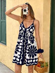 Vestido de estilo de vacaciones con cuello en V, estampado de lunares y cintura ceñida - Azul marino - Ver 4
