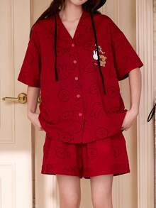 Gongdie 2pcs Miffy Women Pajama Set, Summer Short Sleeve Shorts Sleepwear Set, Comfortable Breathable V-Neck Loungewear - Red - View 8
