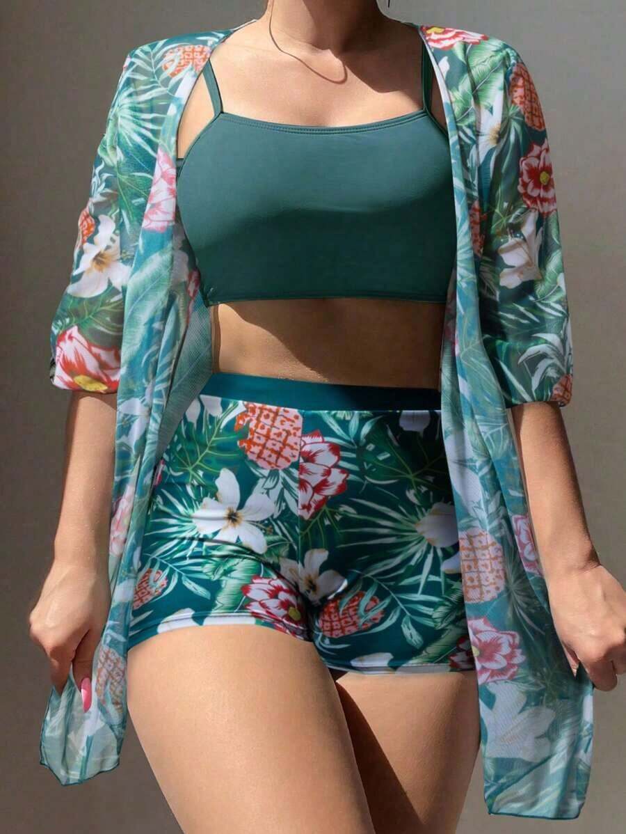 Swim Conjunto de bikini casual con estampado de plantas tropicales con kimono corto de manga corta como cubridor para verano - Multicolor - Ver 1