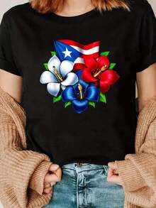 Camiseta con diseño creativo de la bandera de Puerto Rico, flores de Puerto Rico, camisetas de algodón estampadas, moda de verano para mujer, camiseta casual y linda de cuello redondo y manga corta, ropa de mujer, top holgado, casual y versátil, camiseta Y2k, camisa. - Negro - Ver 10