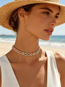 1 pieza Collar de mujer de lujo con incrustaciones de cristal de color dorado, diseño de cristal cuadrado de arcoíris, cadena elegante para la clavícula para uso diario, fiesta, boda, vacaciones - Multicolor - Ver 3