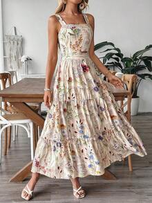 Vestido deslizante casual y elegante con diseño de cintura elástica, lazo de moño y estampado floral para vacaciones y uso diario de mujer - Multicolor - Ver 5
