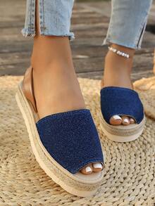 Giày sandal đế xuồng dệt kim đính sequin màu xanh hải quân dành cho nữ, hở mũi, có quai ngang mắt cá chân, kiểu dáng thường ngày, thích hợp đi biển, nghỉ mát hoặc đi làm. - Màu xanh lam - Xem 4