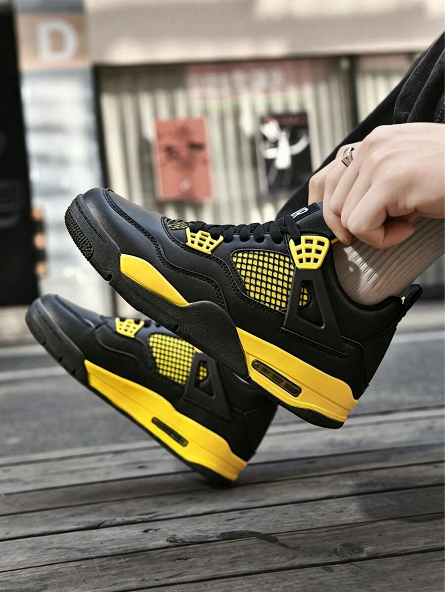 Men's High-Top Sneakers, Paris Saint-Germain Retro Basketball Shoes, Bright Yellow Sneakers, Breathable Mesh Shoes, Air Cushion Sneakers, Streetwear Sneakers, Non-Slip Basketball Shoes, Men's Fashion Footwear, Performance Sneakers, Iconic Design Shoes - 雷神 - 查看 1
