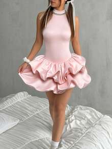 Vestido midi ajustado de color liso con diseño de flor elegante y sensual - Rojo - Ver 5