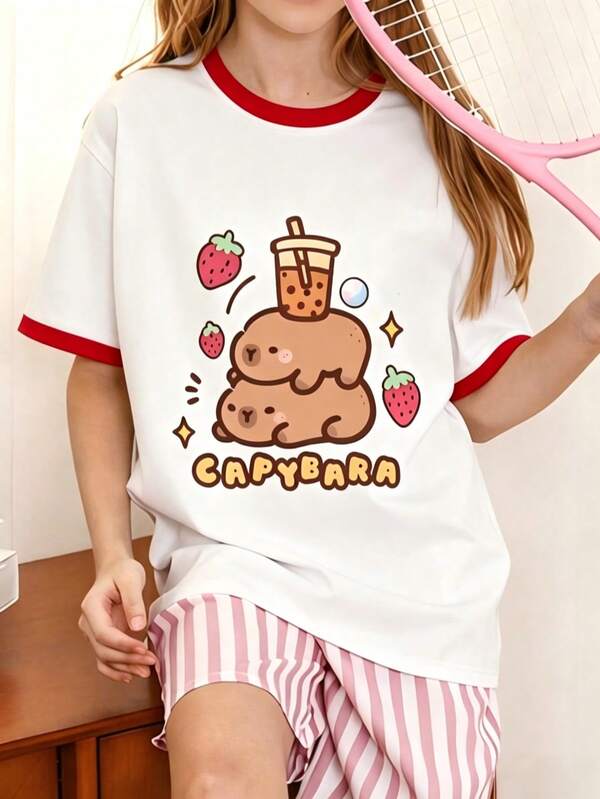 Cute Cartoon Capybara & Strawberry Milk Tea Print Short Sleeve T-Shirt For Women, Loose Casual Back To School Daily Versatile Tee