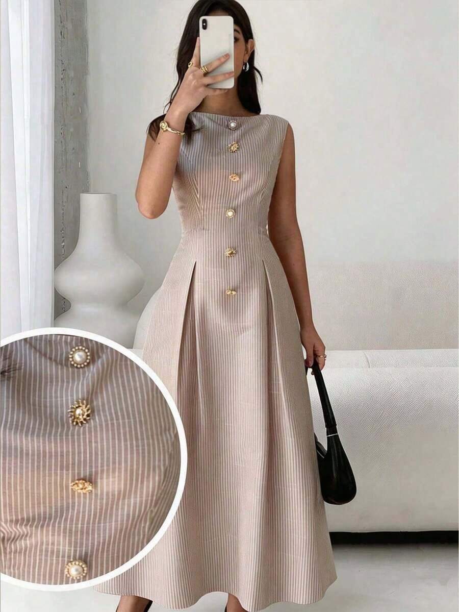 Vestido elegante sin mangas con decoración de sol de metal con estampado de lunares para mujer - Albaricoque - Ver 1