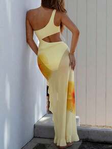 Bonvoyette Set de 2 piezas Traje de baño de una pieza con tirantes finos y estampado floral, con falda asimétrica de malla, sexy y elegante para vacaciones de verano - Amarillo - Ver 7