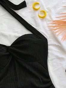AVestido mini sexy con espalda descubierta, corbata en el cuello, dobladillo fruncido y doble capa, adecuado para fiestas, citas, San Valentín - Negro - Ver 4