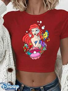Authentic Disney: Featuring A Brand-New Ariel Underwater Print Design, This Women's Casual T-Shirt Offers A Slim-Fit, Cropped Silhouette With A Classic Crew Neck. A Summer Wardrobe Staple Crafted From Polyester, It Is Versatile Enough For Everyday Wear, Casual Outings, And Travel. Designed For Comfort With A Relaxed Fit, It Makes An Ideal And Perfect Gift For Her. Machine Washable. | Holiday Outfits For Women | Festival Outfits | Women's Linen Shirt | White Top - Đỏ - Xem 1