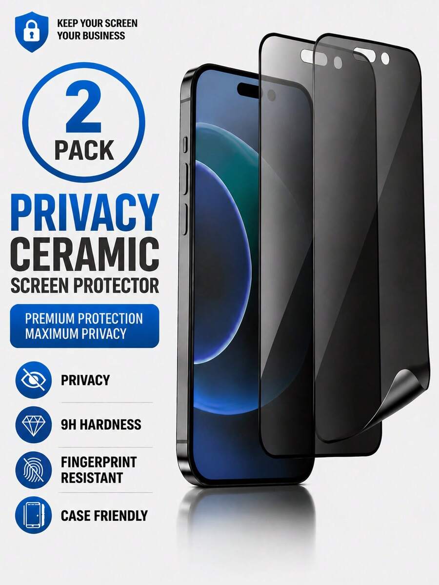ZYONS 2片裝 17 Pro Max 6.9 吋全螢幕防窺陶瓷螢幕保護貼,防指紋,相容於 17 Pro Max、17 Air、16 Pro Max/16 Pro/16 Plus/16、15 Pro Max、14 Pro Max、13 Mini、12、11、XS MAX、XR、8+、7 Plus 手機殼,TPU 軟膜,非玻璃 - 黑色 - 查看 1