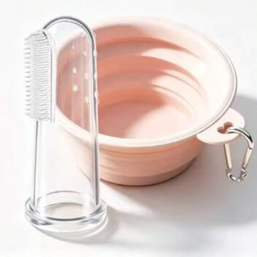 Bộ đồ dùng cho thú cưng 2 món: Bát du lịch gấp gọn có kẹp + Bàn chải đánh răng silicon mềm mại, dụng cụ vệ sinh răng miệng nhẹ nhàng cho chó con và mèo con. - Xem 1