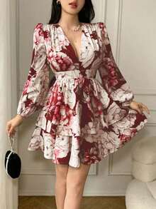 YHHCelisse Vestido corto elegante de mujer con estampado floral y mangas farolYHH - Burdeos - Ver 5