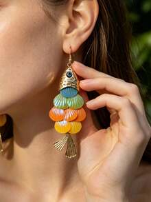 1 Pair Summer Beach Vacation Mermaid Iridescent Shell Tassel Fish Earrings Women, Rainbow Layered Dangle Earrings Vacation Statement Jewelry For Resort Outfit - Colorful - View 2