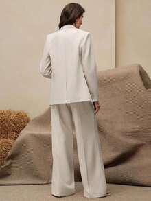 Conjunto de traje de mujer, blazer de unicolor estilo vintage + pantalones rectos, 2 piezas - Beis - Ver 2