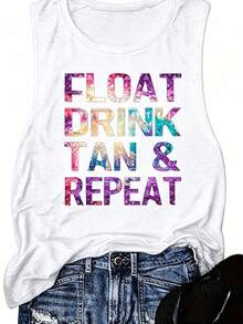 "Float Drink Tan & Repeat" Tie-Dye Slogan Tank Top For Women, Vacation Graphic Loose Fit Sleeveless Vest Casual Summer Beach Streetwear Top. - 白色 - 查看 1