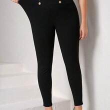 Plus Button Detail Leggings Black Pants - Negro - Ver 2