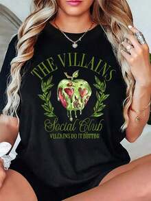 Camisetas Estampadas de Diseño Creativo The Villains, Moda de Verano para Mujer, Bonitas y Casuales, Cuello Redondo, Manga Corta, Ropa de Mujer - Negro - Ver 1