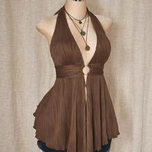ICON Plus Size Y2K Style Hollow Out Asymmetrical Hem Babydoll Halter Neck Knit Camisole, Summer Tops - Negro - Ver 5