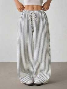 Pantalones casuales anchos de pierna ancha con cintura de corbata y rayas para mujer - Azul y blanco - Ver 10