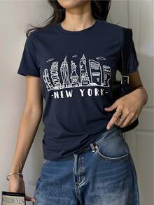 Women's T-Shirts With New York And Paris Print, Classic Short Sleeve Cut, Soft And Lightweight Fabric, Casual Urban Style, Comfortable And Versatile For Daily Looks And Modern Outfits. - 藍色 - 查看 7