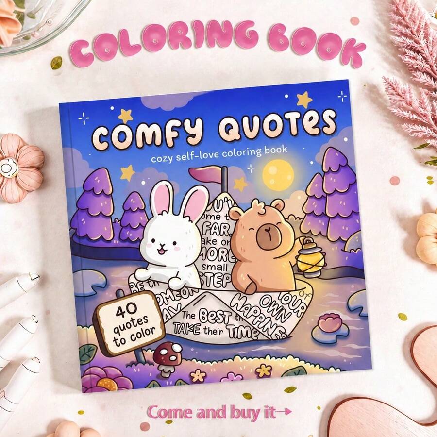 40 Pages, 200gsm Paper, Adult Coloring Book Of Healing And Self-Care Quotes, Featuring Warm And Cozy Designs With Cute Paper Boats And Pets, Purple And Yellow Color Scheme, Perfect For Stress Relief Through Coloring. Suitable For Stationery And School Supplies, An Excellent Gift For Girls, Weddings, And Mother's Day. - Comfy Quotes - View 1