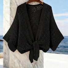 Hollow V-Neck Tie Loose Fashion Versatile Sexy Women Cardigan - Negro - Ver 1