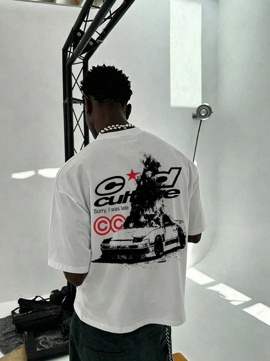 OVDY Camiseta oversize unisex con estampado retro de anime japonés de Takumi Fujiwara, tema de carreras, para uso diario - Blanco - Ver 1