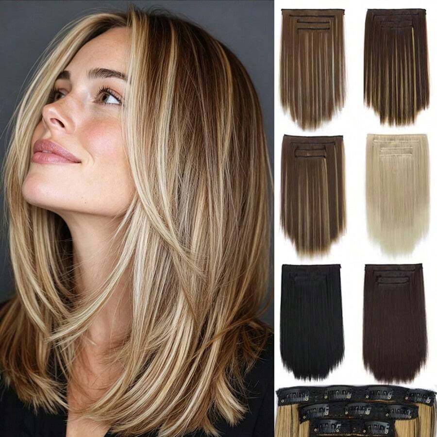 4-Piece Pack Of 14-Inch Synthetic Hair Extensions, Soft And Natural Straight Synthetic Hair Extensions, Suitable For Women - Black, Halloween - Multicolor - View 1
