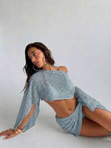 Conjunto de 2 piezas de mujer para primavera/verano con textura de jacquard, blusa tipo chal y minifalda de estilo envolvente, ropa de playa/resort para mujer - Azul - Ver 6