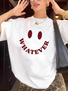夏季上衣 - 女款休閒白色短袖T恤，印有微笑臉卡通圖案 | 女款圖案T恤 | 夏季服飾 | 度假穿搭 - 白色 - 查看 7