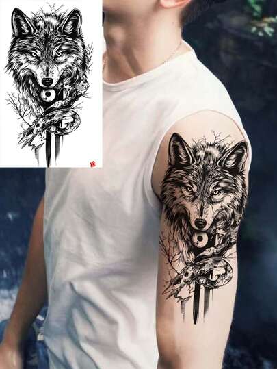 1pc Men's Fierce Wolf Head Temporary Tattoo Sticker, Fierce Wolf King, Paper Tattoo, Fashion Tattoo, Waterproof Sweatproof, Multipurpose Body Art Suitable For Arms, Legs, Chest Etc, Lasting 7-14 Days, Easy To Apply And Remove