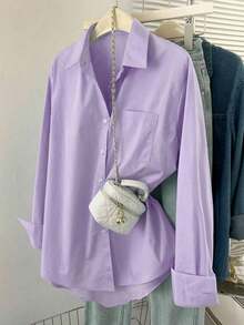 Camisa casual de manga larga de un solo pecho y holgada de unicolor para mujer, otoño - Morado - Ver 6