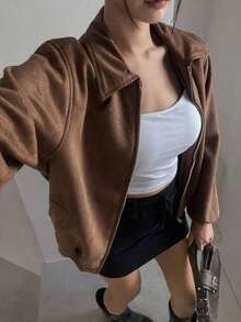 -Less Chaqueta de piel de imitación con bolsillos en ángulo, ropa de mujer de otoño - Marrón 2 - Ver 5