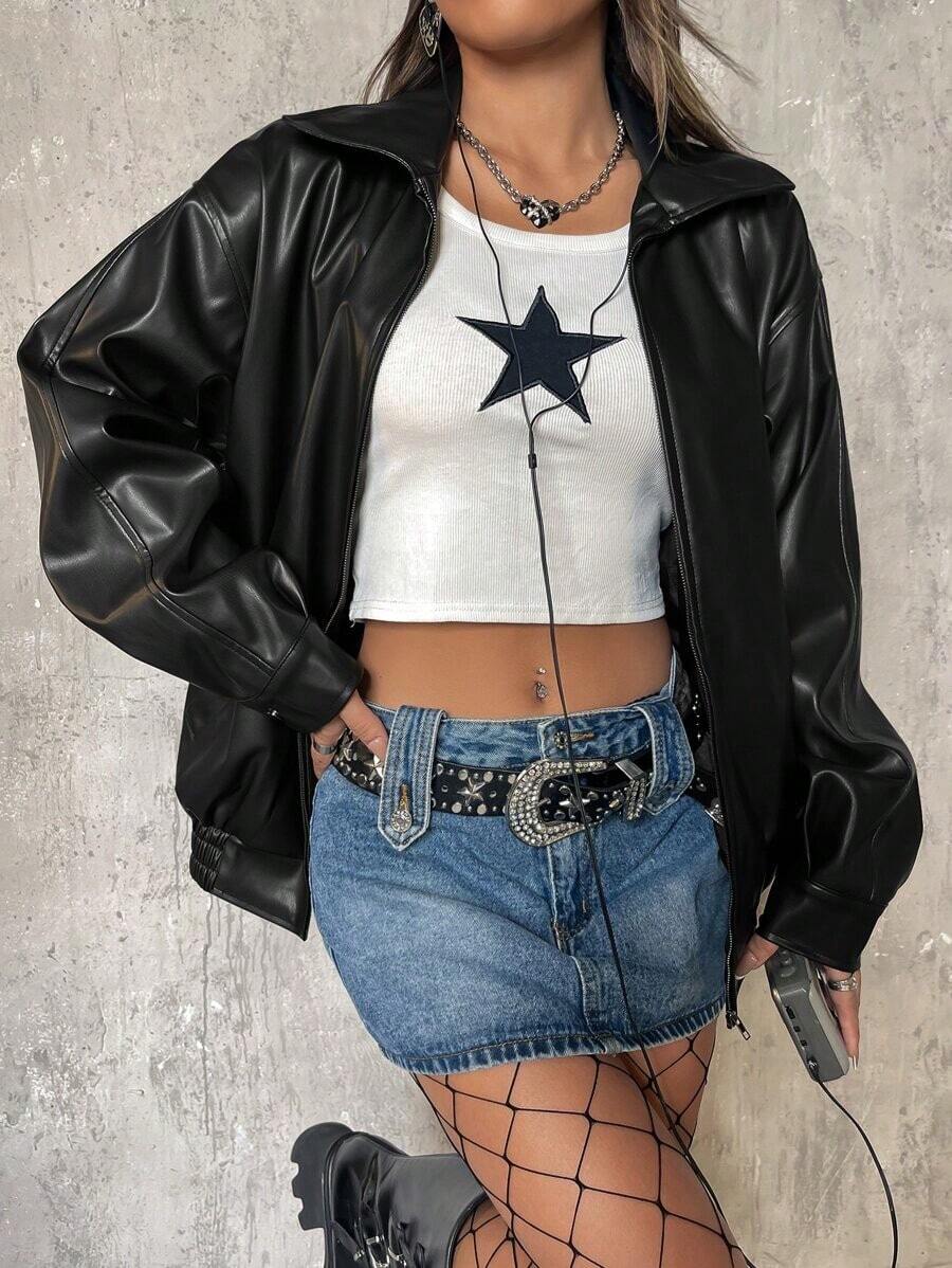 ICON Chaqueta negra de PU con cremallera y hombros caídos para otoño/invierno - Negro - Ver 1