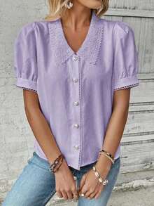 Camisa casual de mujer de manga corta con encaje de contraste - Morado 2 - Ver 6